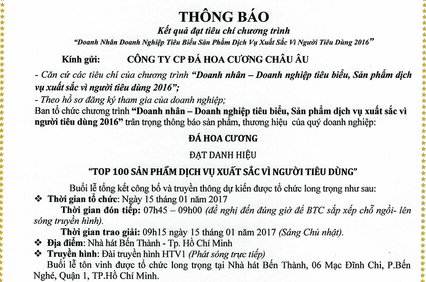 Eurostone đạt danh hiệu “Top 100 sản phẩm dịch vụ xuất sắc vì người tiêu dùng”